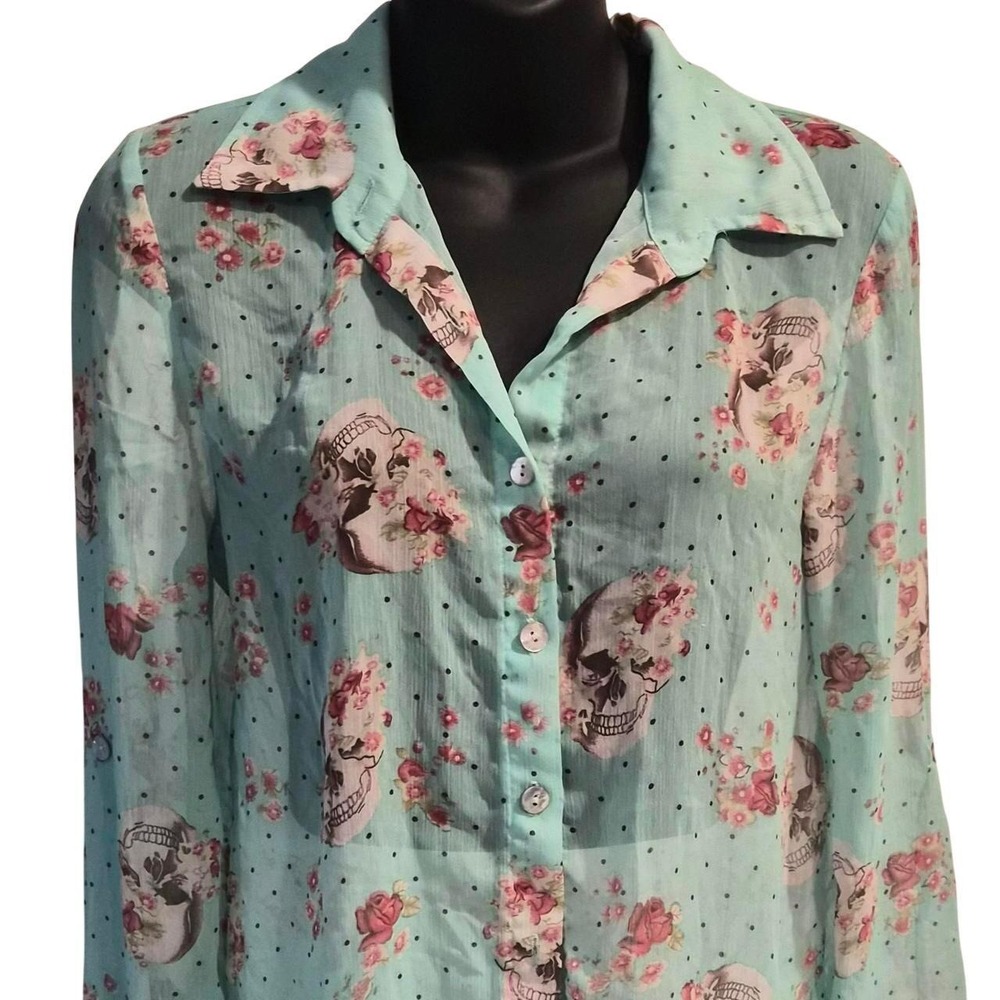 About A Girl Los Angeles Skull Rose Floral Button Down Blouse Mint Pink Small